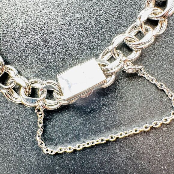 Curb Chain Link Bracelet Rhodium Sterling Silver w/ Safety Closure 7.7" - Picture 5 of 8
